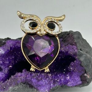 Whimsical Gold and Purple Owl Brooch with Heart Gemstone
